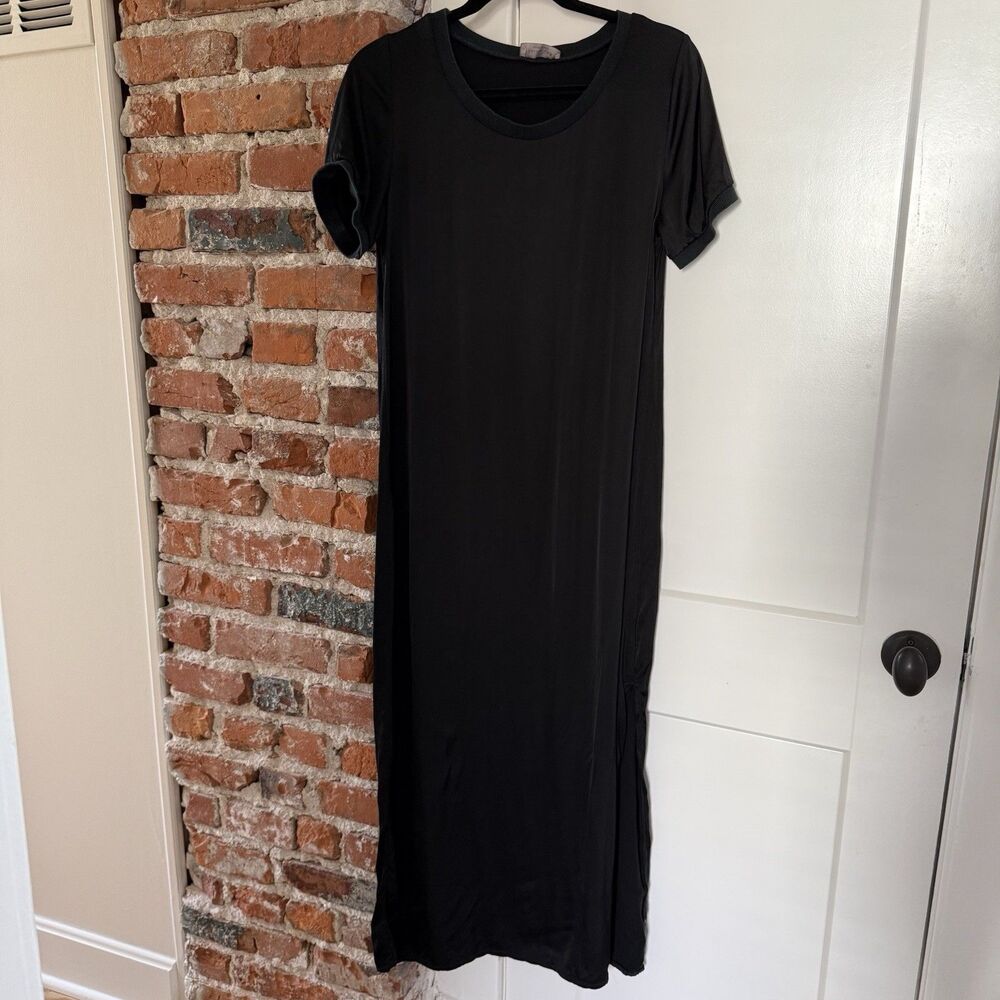 Saiph Lab Satin Maxi Dress Women L Black Short Sleeve Slit Hem Stretch Italy
